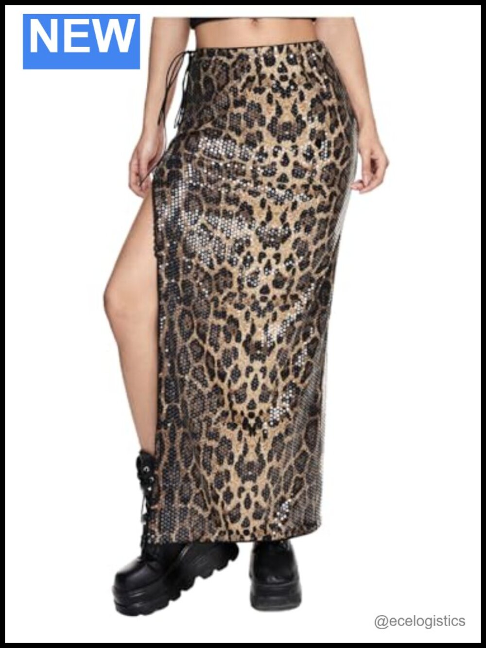 Milumia Sequin Leopard Print Low Rise Bodycon Maxi Skirt High Slit